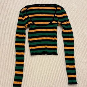 Zara Striped Ribbed Long Sleeve Top - Black, Green, Yellow